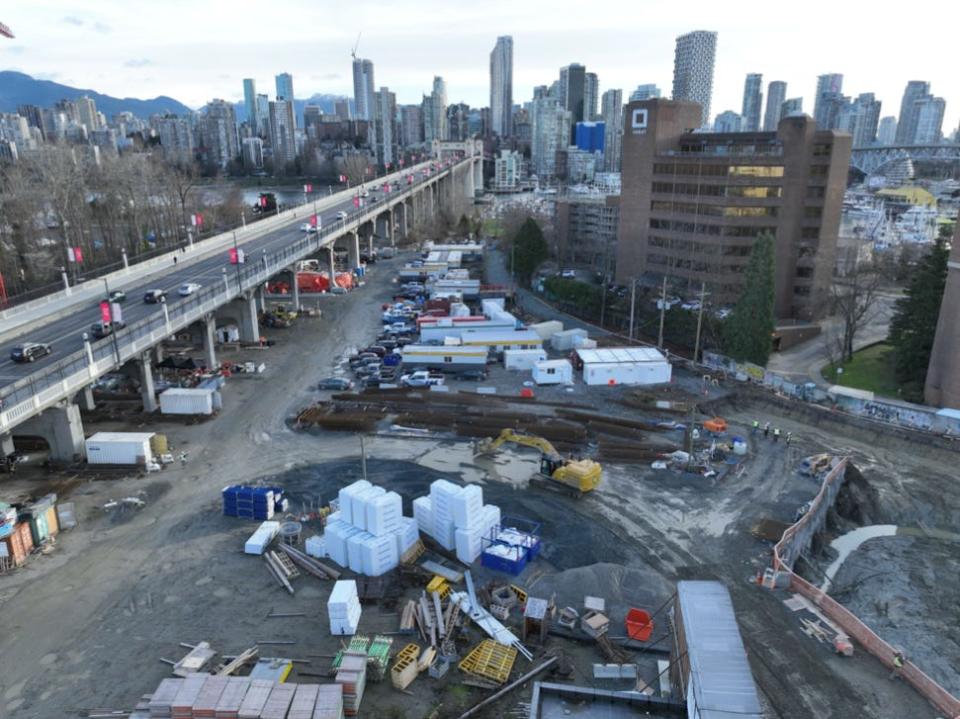 The site of the Sen̓áḵw development under construction in late February 2024 in Vancouver, Canada.