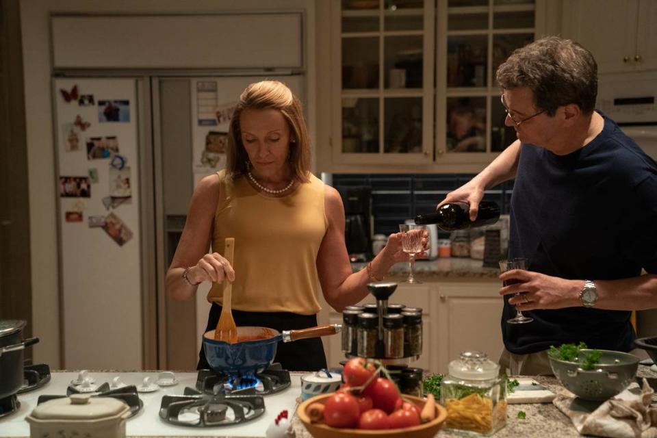 From the HBO limited series “The Staircase”: Toni Collette as Kathleen Peterson and Colin Firth as Michael Peterson.