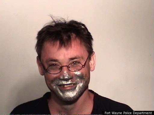 Gibson was arrested for <a href="http://www.huffingtonpost.com/2011/04/25/kelly-gene-gibson-mugshot_n_853306.html" target="_blank">allegedly paint sniffing... 48 times</a> between 1992 and 2011. Before this picture, cops said they found him in his apartment with his shirt off, and his hands, mouth, nose, and chin covered in silver paint. 