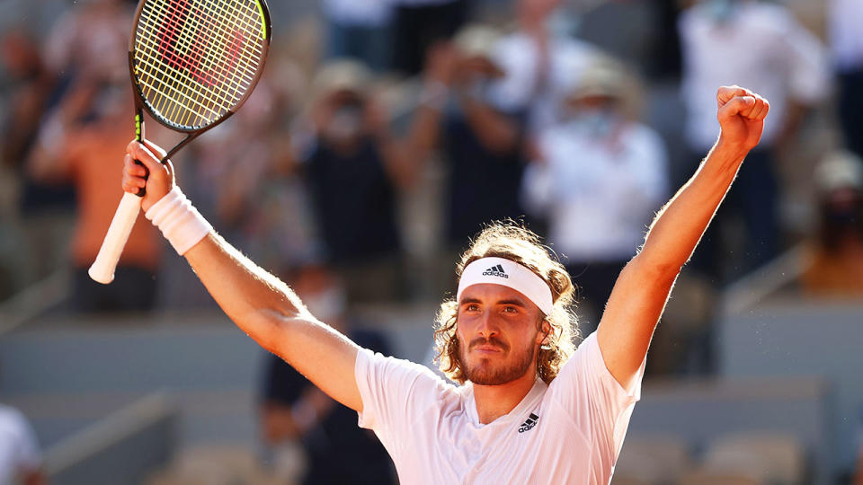 Pictured here, Stefanos Tsitsipas celebrates his semi-final victory over Alexander Zverev.