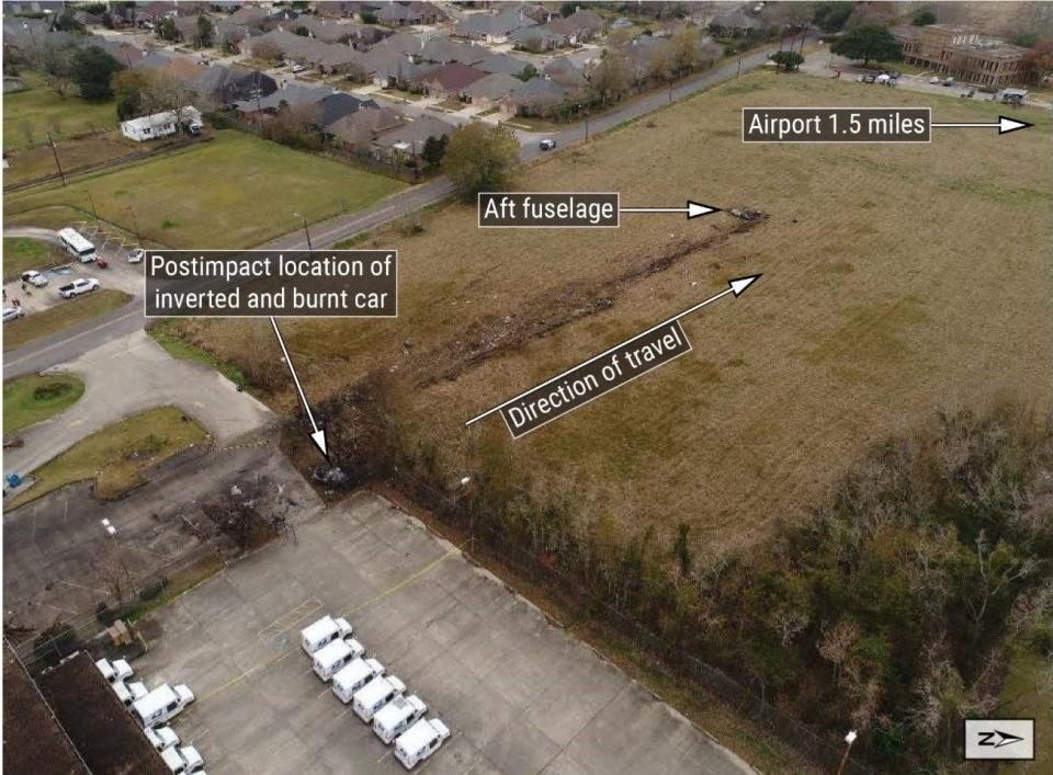 Wreckage path of Lafayette plane crash on Dec. 28, 2019, in field adjacent to post office.