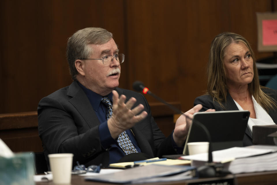 David Harris from the Stanislaus County Assistant District Attorney's Office speaks during a status conference for Scott Peterson at San Mateo County Superior Court in Redwood City, Calif., Tuesday, March 12, 2024. (Andy Alfaro/The Modesto Bee via AP, Pool)