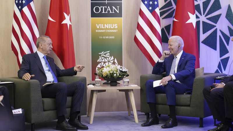 President Joe Biden and Turkey’s President Recep Tayyip Erdogan meet on the sidelines of the NATO summit in Vilnius, Lithuania, Tuesday, July 11, 2023.