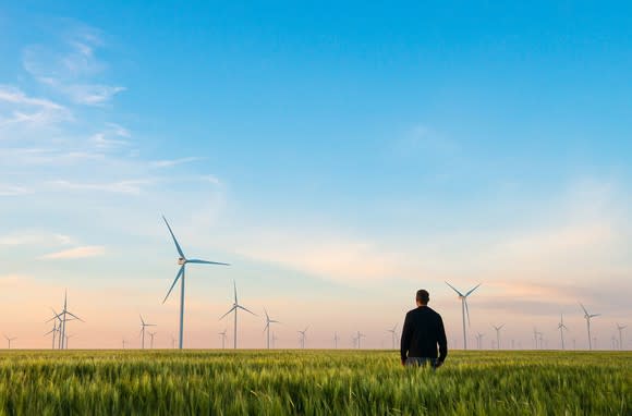 Man standing in a wheat field, looking at wind turbines in the distance.