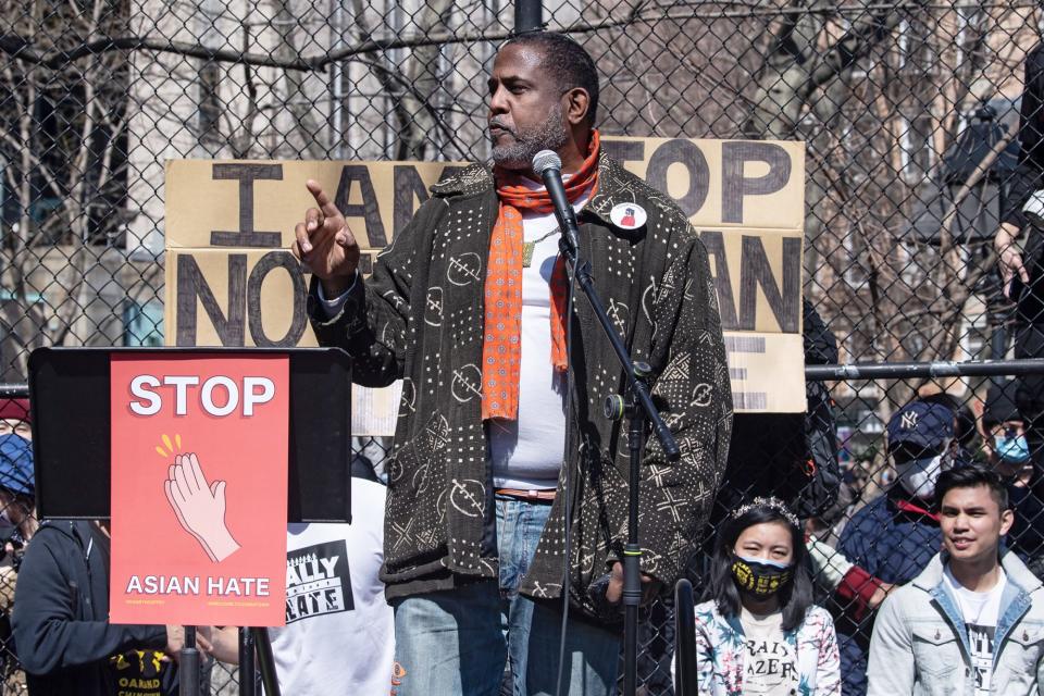 <p>New York State Sen. Kevin Parker takes the mic during the Rally for Solidarity in Columbus Park in the Chinatown neighborhood of N.Y.C. </p>