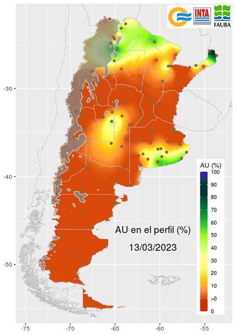 Este es el nivel de agua útil en el perfil del suelo a hoy. Se trata de la lámina de agua aprovechable por los cultivos hasta un metro de profundidad