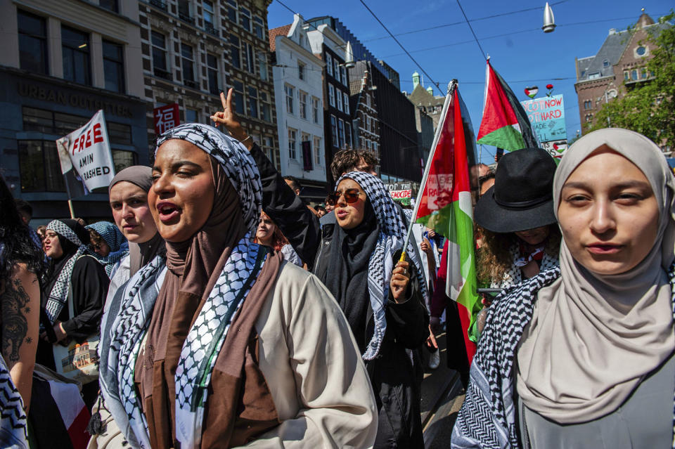 Pro-Palestinians rally in the center of Amsterdam on May 11, 2024.  (Ana Fernandez / Sipa USA via AP)