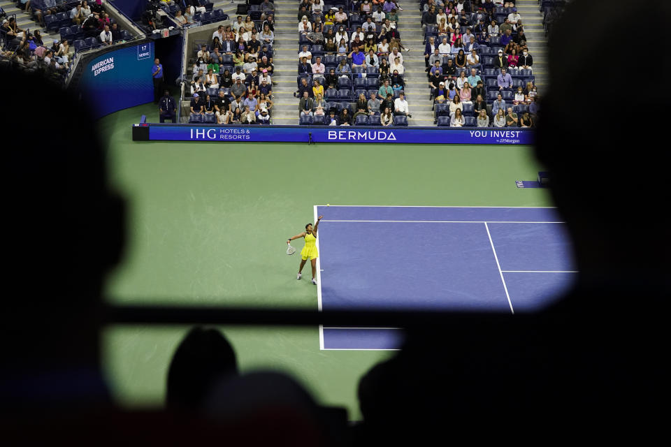 Naomi Osaka, of Japan, serves to Leylah Fernandez, of Canada, during the third round of the US Open tennis championships, Friday, Sept. 3, 2021, in New York. (AP Photo/Frank Franklin II)