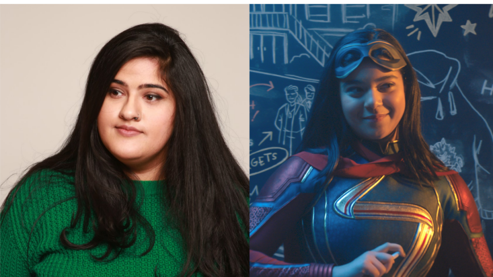 split photo of Bisha K Ali and Ms. Marvel together interview