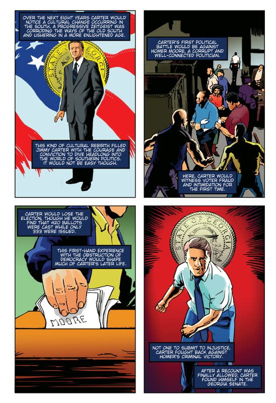 A handout photo shows a page design of the comic book "Political Power: Jimmy Carter\