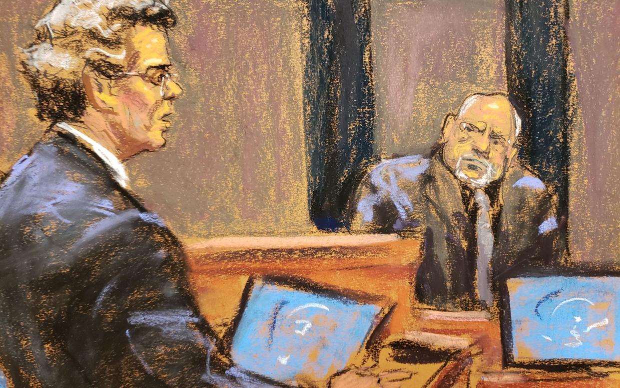 Juan Alessi, who worked full-time for Jeffrey Epstein from 1991 to 2002, is cross-examined by defense attorney Jeffrey Pagliuca during the trial of Ghislaine Maxwell, the Epstein associate accused of sex trafficking, in a courtroom sketch in New York City, U.S., December 3, 2021. - Jane Rosenberg/Reuters