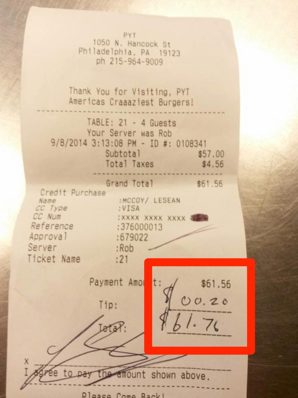 lesean mccoy tip receipt