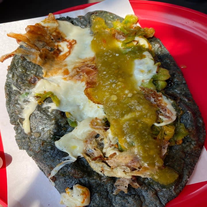 A blue corn tortilla quesadilla