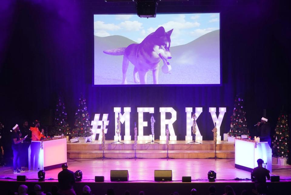 Stormzy on stage during A Very Merky Christmas, the first ever Christmas party held by Stormzy’s charity, Merky Foundation (Aaron Chown/PA) (PA Archive)