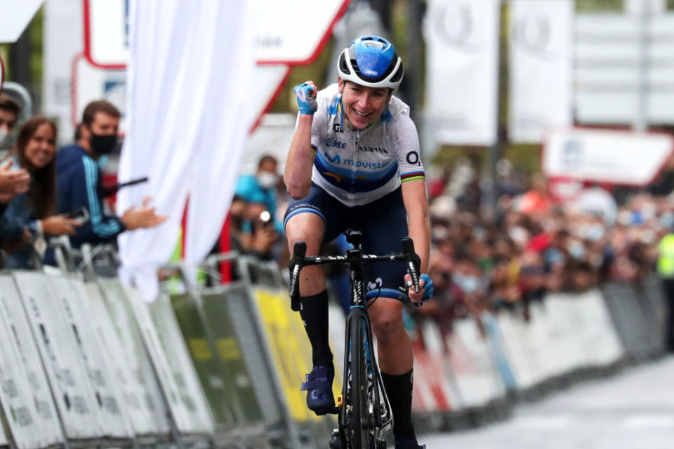 SAN SEBASTIAN SPAIN  JULY 31 Annemiek Van Vleuten of Netherlands and Movistar Team Women celebrates at finish line as race winner during the 3rd Donostia San Sebastian Klasikoa Women 2021 a 1398km race from DonostiaSan Sebastian to DonostiaSan Sebastian  Klasikoa  KlasikoaWomen  UCIWWT  on July 31 2021 in San Sebastian Spain Photo by Gonzalo Arroyo MorenoGetty Images