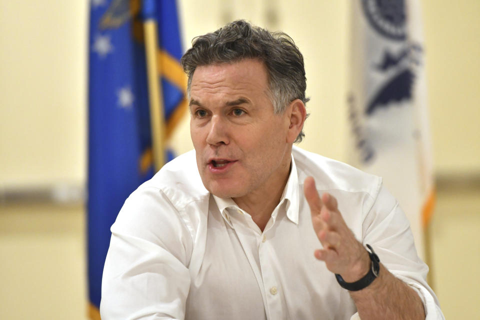 David McCormick, a Republican candidate for U.S. Senate in Pennsylvania, speaks during a discussion with military veterans organized by his campaign at an American Legion hall, Jan. 18, 2024, in Harrisburg, Pa. (AP Photo/Marc Levy)