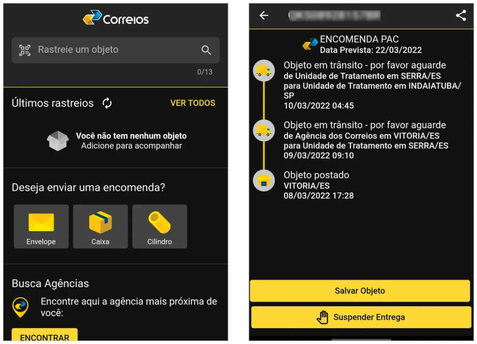 Use o app dos Correios para rastrear encomendas (Captura de tela: André Magalhães)