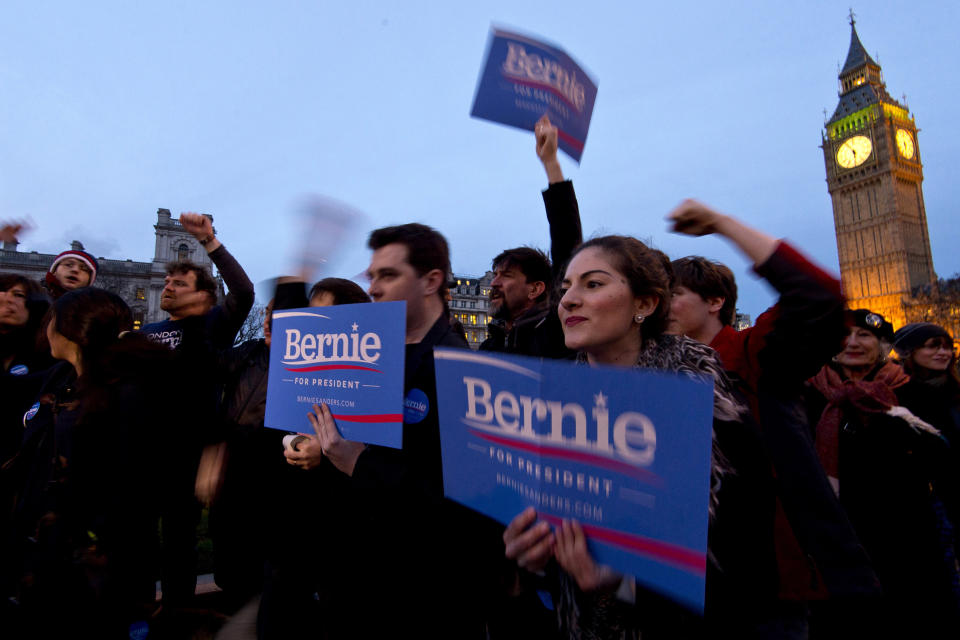 LONDON, ENGLAND - MARCH 01: Supporters of American Democrat candidate Bernie Sanders gather in Parliament Square during a Super Tuesday rally on March 1, 2016 in London, England. Super Tuesday is a day in the United States presidential primary season where a large number of states hold their primary elections. American citizens abroad are allowed to vote for their chosen candidate at local polling centres. (Photo by Ben Pruchnie/Getty Images)