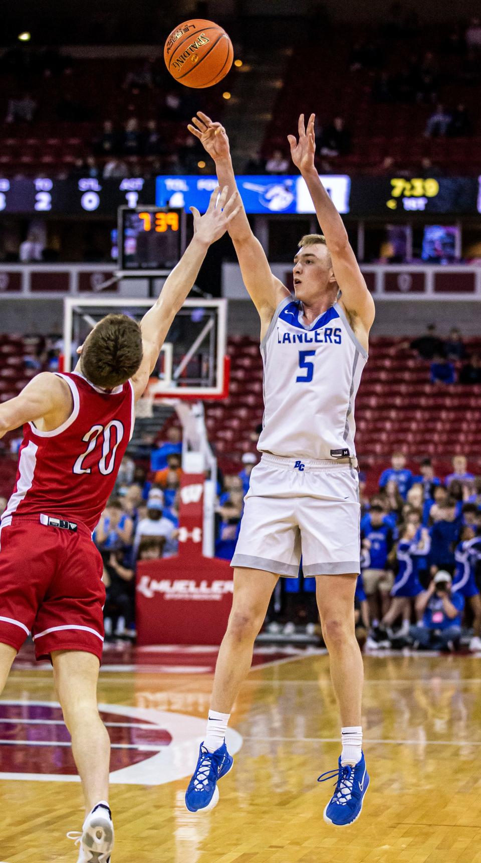 Brookfield Central's Andrew Rohde (5) goes up for three during the WIAA Division 1 state boys basketball championship against Neenah at the Kohl Center in Madison on Saturday, March 19, 2022.