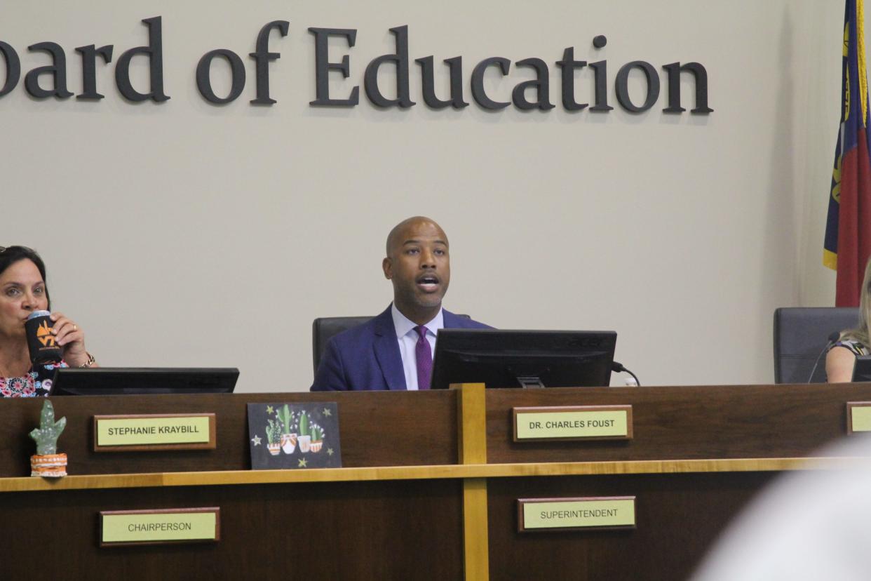 Superintendent Charles Foust presents data on student achievement in New Hanover County Schools during a school board meeting Tuesday, May 3, 2022. [SYDNEY HOOVER/STARNEWS]