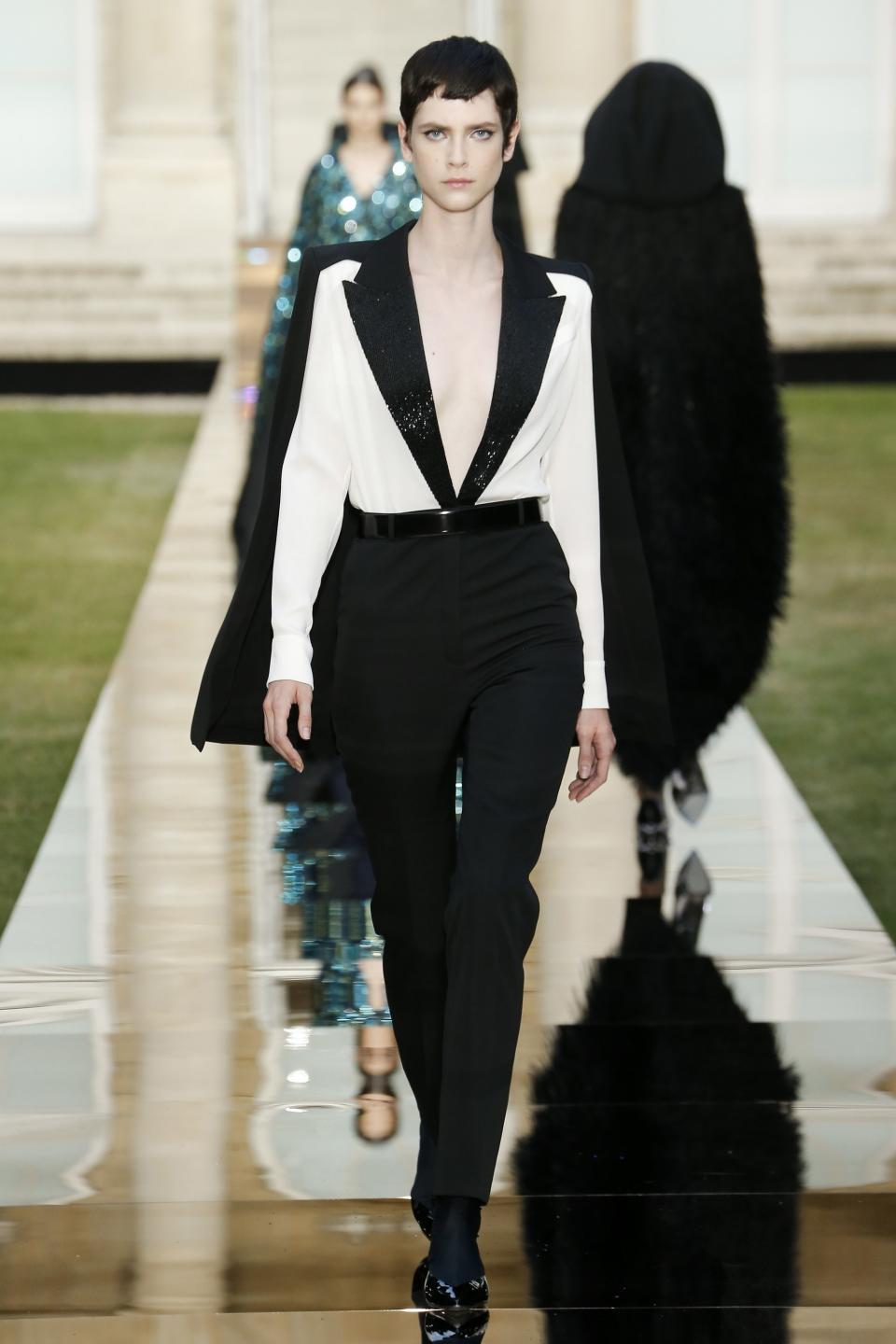 Givenchy’s Fall 2018 Couture tuxedo does cleavage-baring in the chicest way possible.