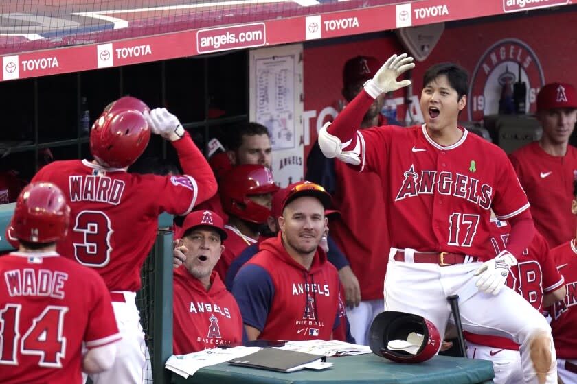 Los Angeles Angels' Shohei Ohtani, right, celebrates after Taylor Ward, second from left, hit a two-run home run during the eighth inning of a baseball game against the Tampa Bay Rays Wednesday, May 11, 2022, in Anaheim, Calif. (AP Photo/Mark J. Terrill)