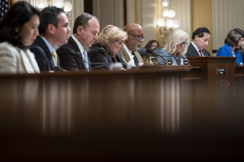 WASHINGTON, DC - MARCH 28: Chairman Rep. Bennie Thompson (D-MS) delivers remarks during a Select Committee to Investigate the January 6th Attack on the U.S. Capitol committee business meeting on Capitol Hill onMonday, March 28, 2022 in Washington, DC. The committee met to consider a vote to recommend contempt of Congress charges for Dan Scavino, former President Donald Trump's deputy chief of staff for communications, and Peter Navarro, former President Trump's trade advisor, for refusing to cooperate with subpoenas from the committee as part of their investigation into the January 6, 2021 insurrection. (Kent Nishimura / Los Angeles Times)