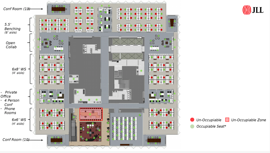 Sample post-pandemic office layout. By: Jones Lang LaSalle Incorporated, a Chicago-based commercial real estate services company.