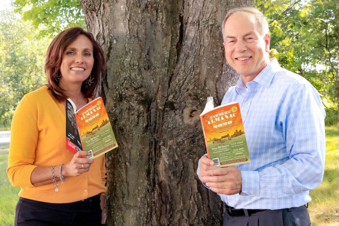 Farmers’ Almanac managing editor Sandi Duncan and editor Peter Geiger show the latest cover for the 2023 edition of their guide. The magazine went on sale in mid-August 2022.