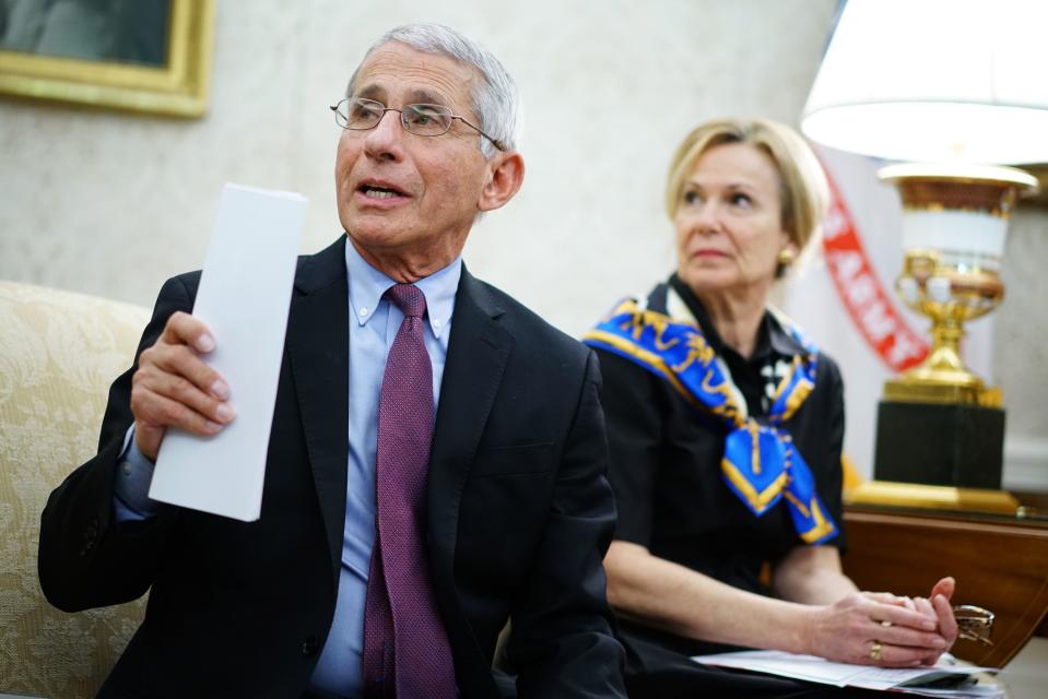 Dr. Anthony Fauci (L), director of the National Institute of Allergy and Infectious Diseases speaks next to Response coordinator for White House Coronavirus Task Force Deborah Birx, during a meeting with US President Donald Trump and Louisiana Governor John Bel Edwards D-LA in the Oval Office of the White House in Washington, DC on April 29, 2020. (Photo by MANDEL NGAN / AFP) (Photo by MANDEL NGAN/AFP via Getty Images)