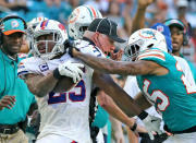 <p>Miami Dolphins’ Xavien Howard pushes Buffalo Bills’ LeSean McCoy out of bounds in the fourth quarter and draws a penalty on Sunday, Dec. 2, 2018 at Hard Rock Stadium in Miami Gardens, Fla. (Charles Trainor Jr./Miami Herald/TNS) </p>