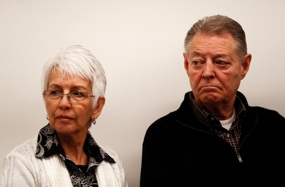 Family members of Westminster Bridge attack victims Melissa and Kurt Cochran attend a news conference at New Scotland Yard, in London, Britain, March 27, 2017. Kurt Cochran, 54, and his wife, Melissa, were in Europe to celebrate their 25th wedding anniversary. He was killed, and Melissa was injured when a British man, Khalid Masood, ploughed down pedestrians as he sped along Westminster Bridge before fatally stabbing an unarmed policeman. REUTERS/Stefan Wermuth