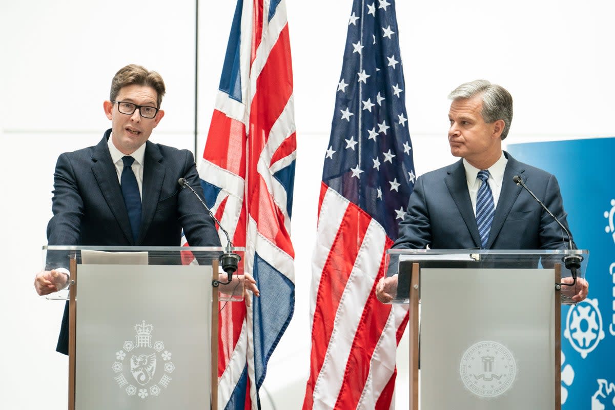 MI5 director general Ken McCallum (left) and FBI director Christopher Wray at a joint press conference at MI5 headquarters, in central London. Picture date: Wednesday July 6, 2022 (Dominic Lipinski/PA) (PA Wire)