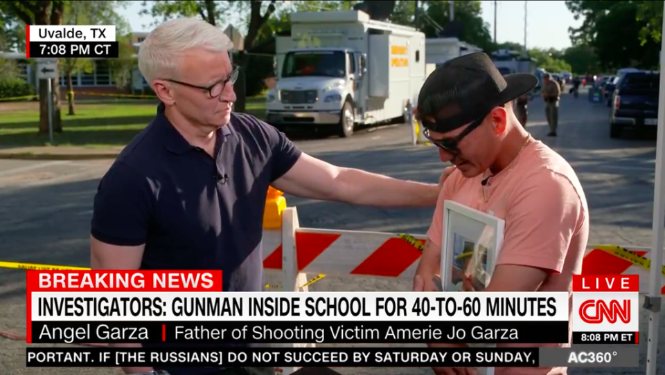 CNN anchor Anderson Cooper consoles Angel Garza on live television as he breaks down talking about his 10-year-old daughter, Amerie Jo, and her last moments alive inside Robb Elementary School in Uvalde, Texas. (Twitter/CNN)