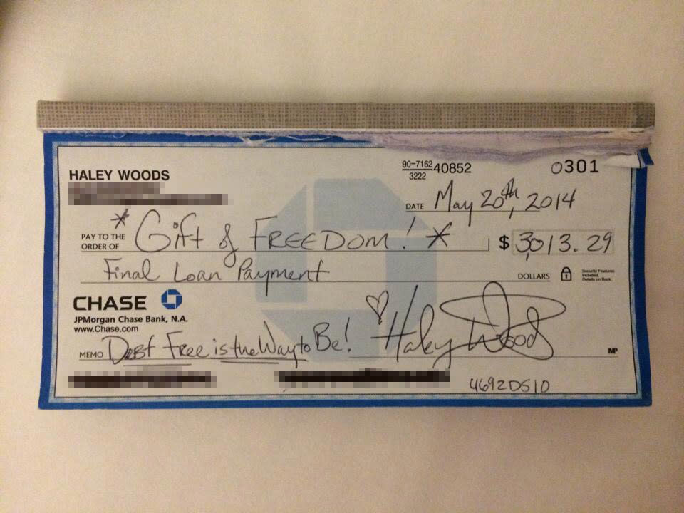 Haley Woods' celebratory check | Courtesy Haley Woods