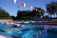 Stanford women's basketball head coach Tara VanDerveer swims in the school's Olympic-size pool in Stanford, Calif., Wednesday, Nov. 16, 2022. Regular swimming is one more thing VanDerveer squeezes into her jam-packed days three times a week to keep mentally and physically ready as she begins her 37th season on The Farm and 44th overall as a women's head coach. (AP Photo/Godofredo A. Vásquez)