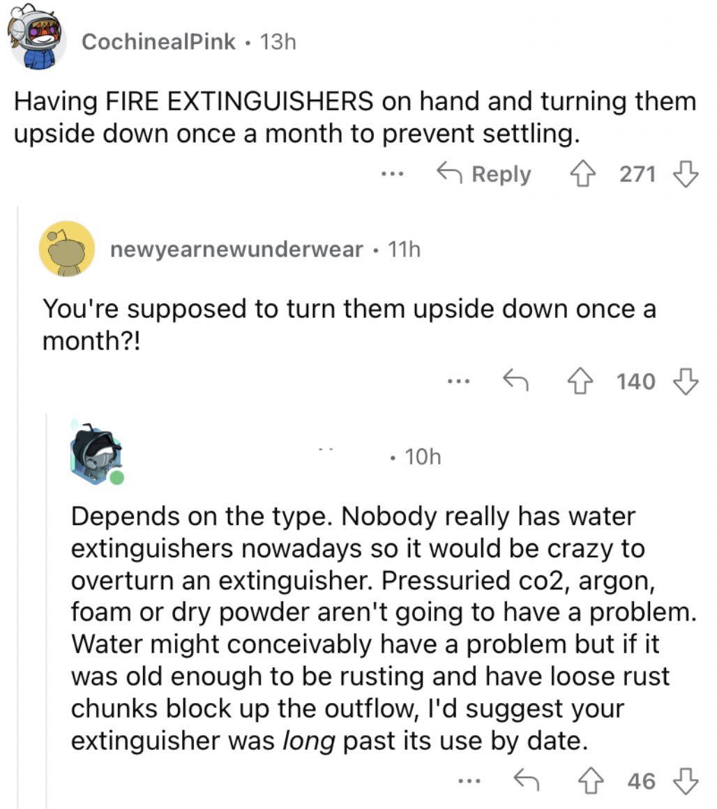 Reddit screenshot about how you need to remember to turn fire extinguisher upside down and every now and again.
