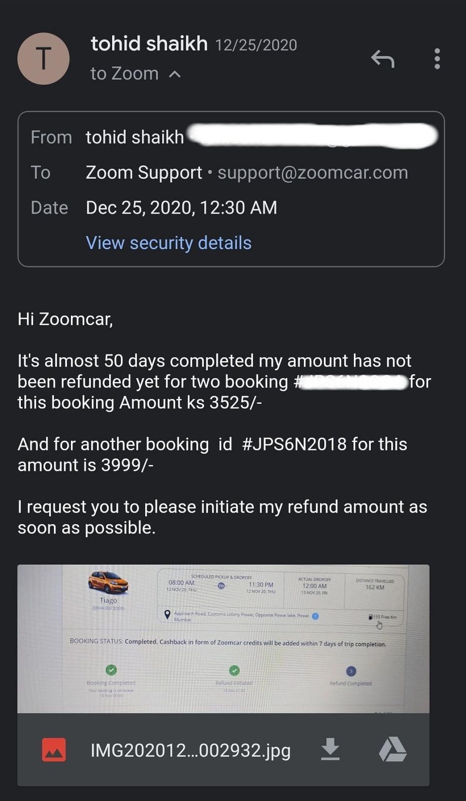 Mail enquiring about the refund amount sent to Zoomcar.