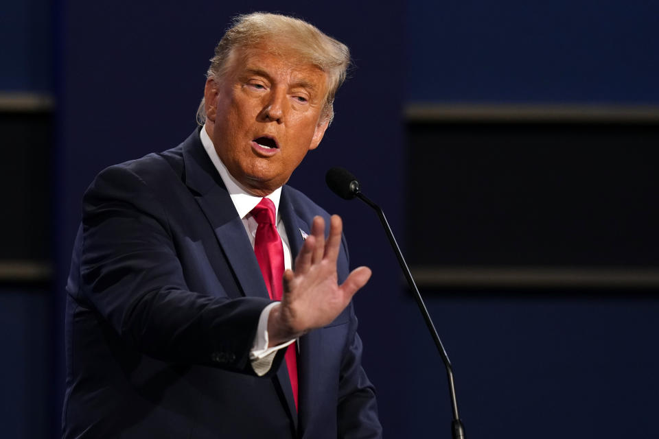 President Donald Trump speaks during the second and final presidential debate Thursday, Oct. 22, 2020, at Belmont University in Nashville, Tenn., with Democratic presidential candidate former Vice President Joe Biden. (AP Photo/Patrick Semansky)