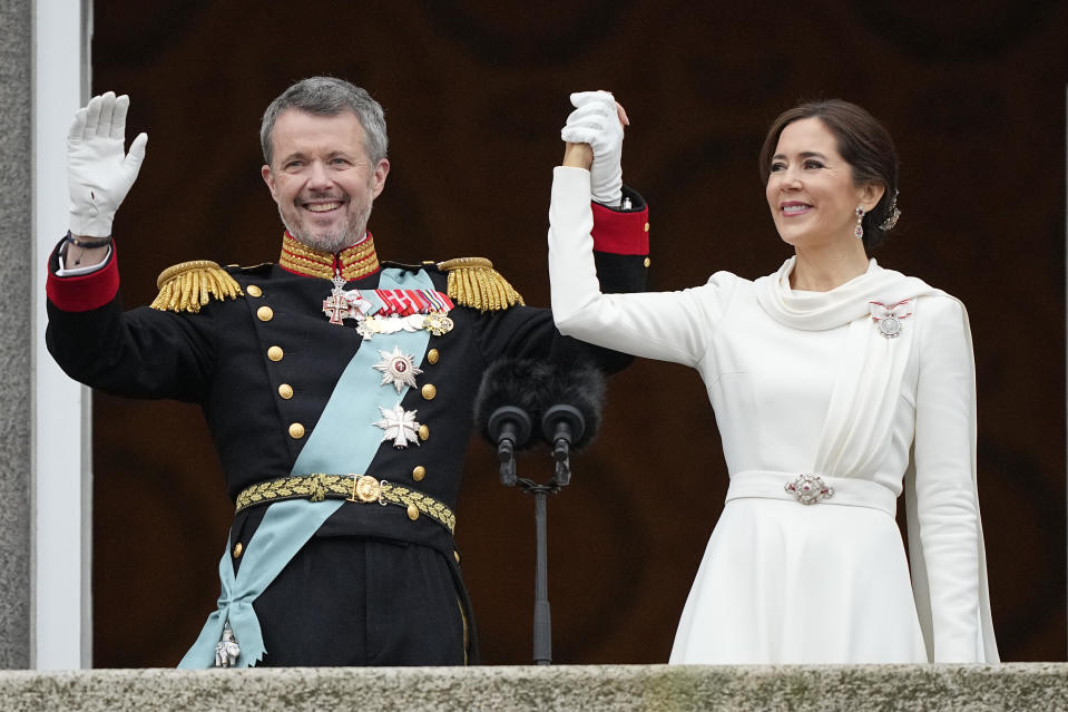 Denmark's King Frederik X and Denmark's Queen Mary wave from the balcony of Christiansborg Palace in Copenhagen, Denmark, Sunday, Jan. 14, 2024. / Credit: Martin Meissner / AP