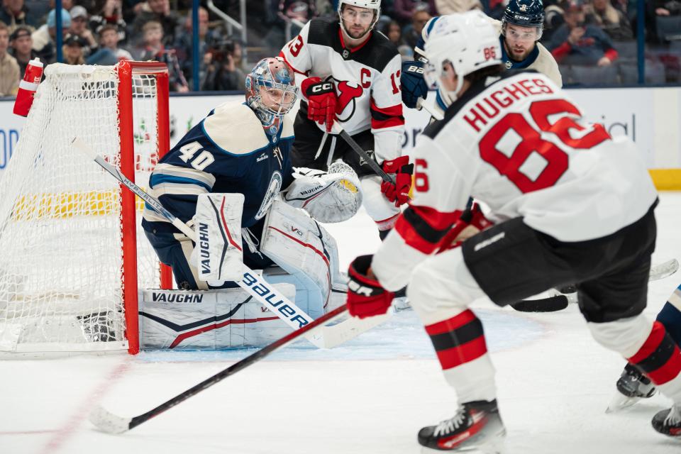 Dec 16, 2023; Columbus, Ohio, USA;
Columbus Blue Jackets goaltender Daniil Tarasov (40) prepares to block a goal during the second period of their game against the New Jersey Devils on Saturday, Dec. 16, 2023 at Nationwide Arena.