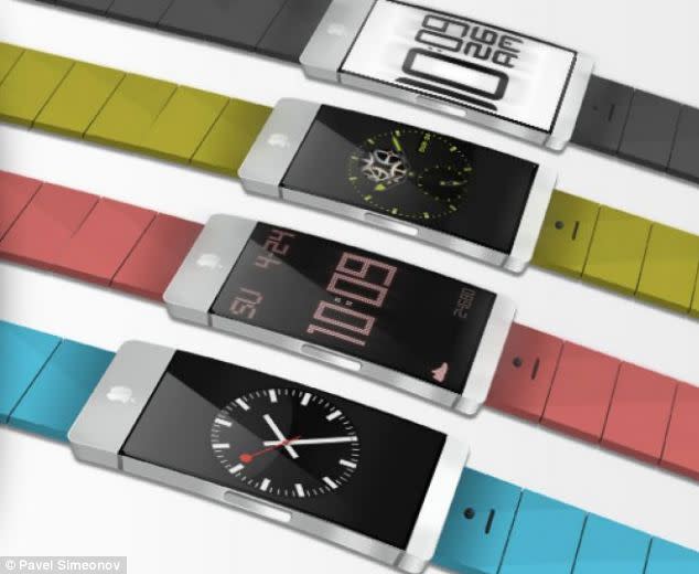 <p>Pavel Simenov's iWatch design from January 2013 includes interchangeable coloured bands that let the wearerd match the watch to their outfits.</p> <p>For more of Simenov's designs, visit: <a href="http://justdesignthings.com/iwatch.html" rel="nofollow noopener" target="_blank" data-ylk="slk:http://justdesignthings.com/iwatch.html;elm:context_link;itc:0;sec:content-canvas" class="link ">http://justdesignthings.com/iwatch.html</a></p>