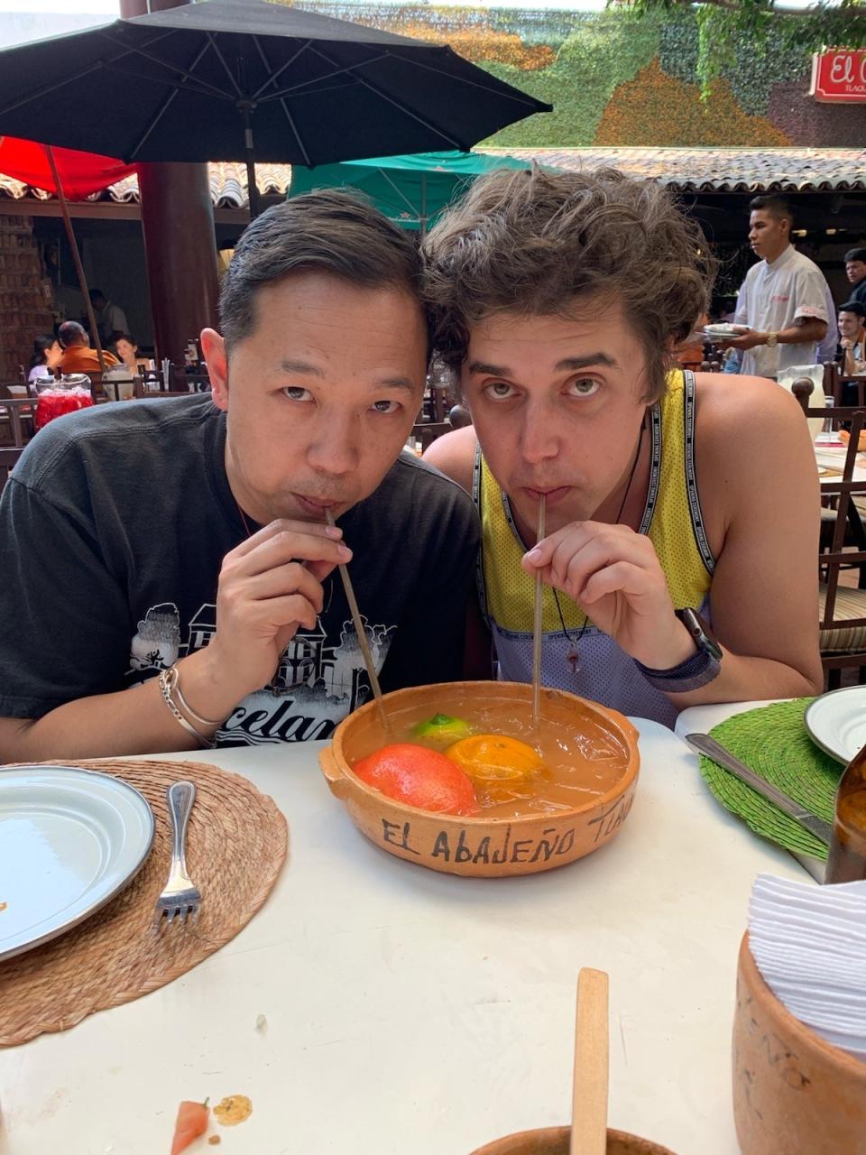 <h1 class="title">Patrick Wilson and me drinking a traditional tequila cocktail at La Cabajeno</h1><cite class="credit">Photo: Humberto Leon</cite>