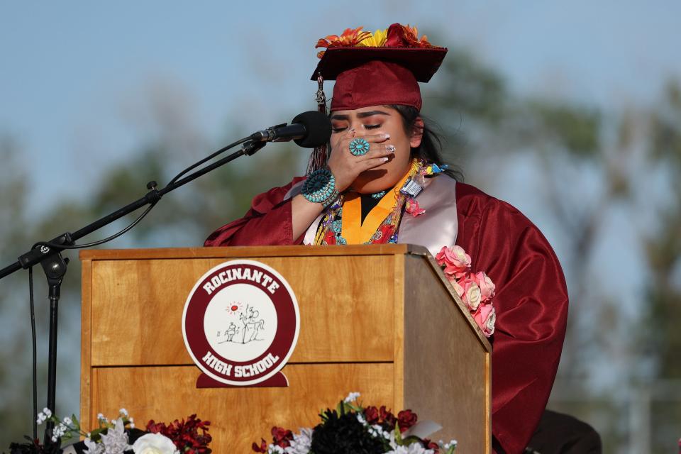 Rocinante High School Senior Shana Mud gets emotional during her valedictorian address to her peers and the crowd during the commencement ceremony on Wednesday, May 18, at the Hutchison Stadium. Valedictorian