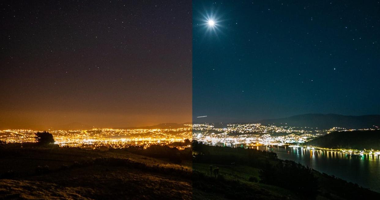 Hay una diferencia de cinco años entre el lado izquierdo y el derecho de la imagen. Ese es el periodo en el que la ciudad de Dunedin, en Nueva Zelanda, cambió sus luces de sodio por iluminación LED. Brad Phipps, @bradphippsnz, <a href="http://creativecommons.org/licenses/by-sa/4.0/" rel="nofollow noopener" target="_blank" data-ylk="slk:CC BY-SA;elm:context_link;itc:0;sec:content-canvas" class="link ">CC BY-SA</a>