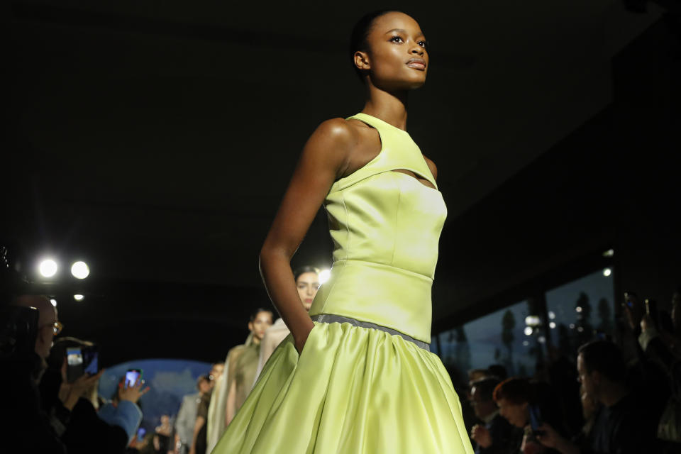 The Brandon Maxwell collection is modeled during Fashion Week, Saturday, Feb. 8, 2020, in New York. (AP Photo/John Minchillo)