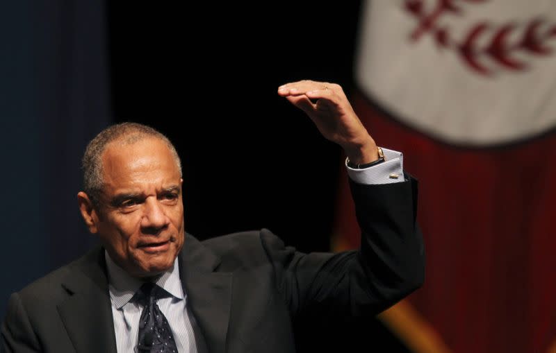 American Express Chairman and CEO Chenault gestures during the White House summit on cybersecurity and consumer protection in Palo Alto