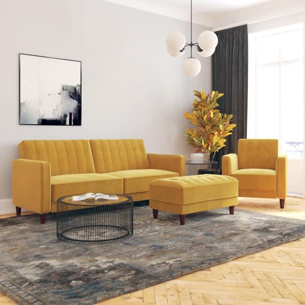 <p>Make a statement with the mustard-colored <span>DHP Pin Tufted Transitional Velvet Futon Couch</span> ($330) - also available in grey, tan, and pink.</p>