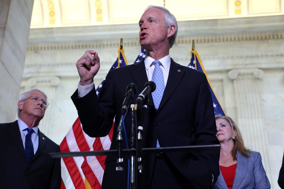 Sen. Ron Johnson speaks at a news conference on COVID-19 with Republican senators in June in Washington. The senators claimed companies like Facebook have censored information regarding the origin of the coronavirus and treatment methods.