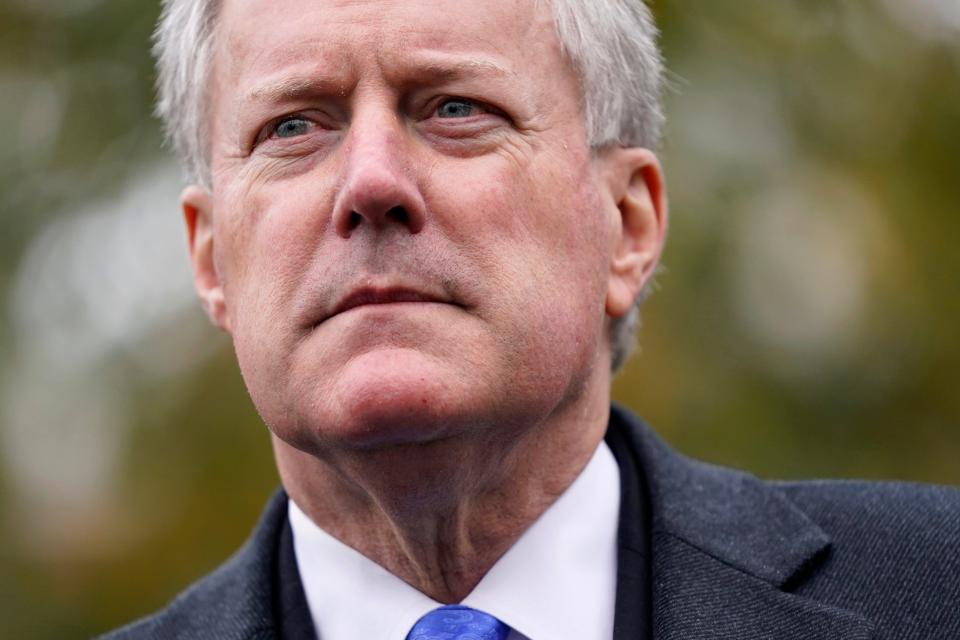 Then-White House chief of staff Mark Meadows speaks with reporters outside the White House, Oct. 26, 2020, in Washington. The North Carolina State Bureau of Investigation has submitted to state prosecutors findings of a voter fraud probe into Meadows, who was simultaneously registered to vote in North Carolina and two other states earlier this year. (AP Photo/Patrick Semansky, File)